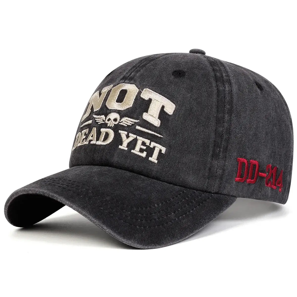 Unisex NOT DEAD YET Embroidery Wash Baseball cap featuring skull design and DD-214 stitching.